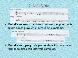  Melodía en arco: cuando encontramos el punto más
  agudo o más grave en el centro de la melodía.




 Melodía en zig-zag o de gran ondulación: se mueve
  formando picos con intervalos amplios.
 