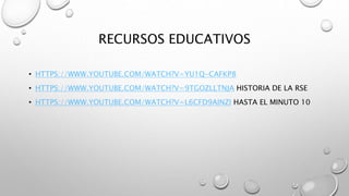 RECURSOS EDUCATIVOS
• HTTPS://WWW.YOUTUBE.COM/WATCH?V=YU1Q-CAFKP8
• HTTPS://WWW.YOUTUBE.COM/WATCH?V=9TGOZLLTNJA HISTORIA DE LA RSE
• HTTPS://WWW.YOUTUBE.COM/WATCH?V=L6CFD9AINZI HASTA EL MINUTO 10
 