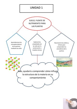 UNIDAD 1

SUELO, FUENTE DE
NUTRIMENTO PARA
LAS PLANTAS

Aprenderemos los
conceptos básicos
de la química,
mediante las sales

Explicará las
propiedades de
las sales por la
construcción o
modelos iónicos

Reconocerá los análisis y
síntesis para
comprender los
procederes de la
química

Esto, ayudará a comprender cómo influye
la estructura de la materia en su
comportamiento

 