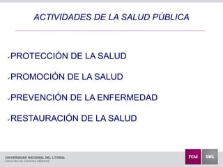 ACTIVIDADES DE LA SALUD PÚBLICA
PROTECCIÓN DE LA SALUD
PROMOCIÓN DE LA SALUD
PREVENCIÓN DE LA ENFERMEDAD
RESTAURACIÓN DE LA SALUD
 