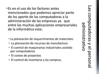 Es en el uso de los factores antes
 mencionados que podemos apreciar parte
 de los aporte de las computadoras a la
 administración de las empresas ya que
 entre las muchas aplicaciones empresariales
 de la informática esta:

  La planeación de requerimientos de materiales
  La planeación de recursos de manufactura
  El control de maquinarias industriales asistido
   por computadoras
  El costeo de proyectos
  El control de inventario y las compras.
 