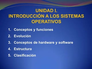 UNIDAD I. INTRODUCCIÓN A LOS SISTEMAS OPERATIVOS Conceptos y funciones Evolución Conceptos de hardware y software Estructura Clasificación 