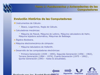 Tema 1: Fundamentos y Antecedentes de lasTema 1: Fundamentos y Antecedentes de las
ComputadorasComputadoras
Evolución Histórica de las Computadoras:Evolución Histórica de las Computadoras:
Instrumentos de Cálculo:
 Ábaco, Logaritmos, Regla de Cálculo.
Calculadoras mecánicas:
 Máquina de Pascal, Máquina de Leibniz, Máquina calculadora de Hahn,
Máquina tejedora automática, Máquinas de Babbage.
Álgebra Booleana.
Máquina electromecánica de cómputo:
 Máquina tabuladora de Hollerith.
Desarrollo de las computadoras electrónicas:
 Primera Generación (1939 – 1955), Segunda Generación (1956 – 1963),
Tercera Generación (1964 – 1974), Cuarta Generación (1975 – 1992) ,
Quinta Generación (1993 – hasta la actualidad).
Esquema
Salir de la
presentaciónSiguienteAnterior
 