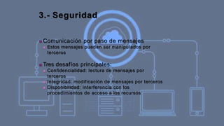 3.- Seguridad
■ Comunicación por paso de mensajes
■ Estos mensajes pueden ser manipulados por
terceros
■ Tres desafíos principales:
■ Confidencialidad: lectura de mensajes por
terceros
■ Integridad: modificación de mensajes por terceros
■ Disponibilidad: interferencia con los
procedimientos de acceso a los recursos
 