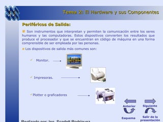 Periféricos de Salida:Periféricos de Salida:
Son instrumentos que interpretan y permiten la comunicación entre los seres
humanos y las computadoras. Estos dispositivos convierten los resultados que
produce el procesador y que se encuentran en código de máquina en una forma
comprensible de ser empleada por las personas.
Los dispositivos de salida más comunes son:
 Monitor.
 Impresoras.
Plotter o graficadores
Tema 2:Tema 2: El Hardware y sus ComponentesEl Hardware y sus Componentes
Esquema Salir de la
presentación
SiguienteAnterior
 