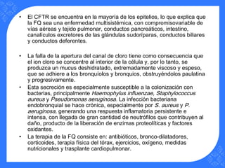• El CFTR se encuentra en la mayoría de los epitelios, lo que explica que
la FQ sea una enfermedad multisistémica, con compromisovariable de
vías aéreas y tejido pulmonar, conductos pancreáticos, intestino,
canalículos excretores de las glándulas sudoríparas, conductos biliares
y conductos deferentes.
• La falla de la apertura del canal de cloro tiene como consecuencia que
el ion cloro se concentre al interior de la célula y, por lo tanto, se
produzca un mucus deshidratado, extremadamente viscoso y espeso,
que se adhiere a los bronquíolos y bronquios, obstruyéndolos paulatina
y progresivamente.
• Esta secreción es especialmente susceptible a la colonización con
bacterias, principalmente Haemophylus influenzae, Staphylococcus
aureus y Pseudomonas aeruginosa. La infección bacteriana
endobronquial se hace crónica, especialmente por S. aureus y P.
aeruginosa, generando una respuesta inflamatoria persistente e
intensa, con llegada de gran cantidad de neutrófilos que contribuyen al
daño, producto de la liberación de enzimas proteolíticas y factores
oxidantes.
• La terapia de la FQ consiste en: antibióticos, bronco-dilatadores,
corticoides, terapia física del tórax, ejercicios, oxígeno, medidas
nutricionales y trasplante cardiopulmonar.
 