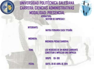 UNIVERSIDAD POLITÉCNICA SALESIANA
CARRERA: CIENCIAS ADMINISTRATIVAS
MODALIDAD: PRESENCIAL
 