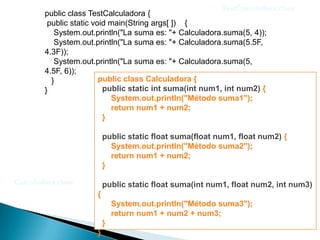 TestCalculadora.class
        public class TestCalculadora {
         public static void main(String args[ ]) {
           System.out.println("La suma es: "+ Calculadora.suma(5, 4));
           System.out.println("La suma es: "+ Calculadora.suma(5.5F,
        4.3F));
           System.out.println("La suma es: "+ Calculadora.suma(5,
        4.5F, 6));
          }              public class Calculadora {
        }                 public static int suma(int num1, int num2) {
                            System.out.println("Método suma1");
                            return num1 + num2;
                          }

                          public static float suma(float num1, float num2) {
                            System.out.println("Método suma2");
                            return num1 + num2;
                          }

Calculadora.class         public static float suma(int num1, float num2, int num3)
                      {
                              System.out.println("Método suma3");
                              return num1 + num2 + num3;
                          }
                      }
 