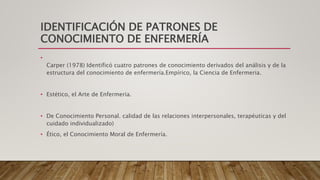 IDENTIFICACIÓN DE PATRONES DE
CONOCIMIENTO DE ENFERMERÍA
•
Carper (1978) Identificó cuatro patrones de conocimiento derivados del análisis y de la
estructura del conocimiento de enfermería.Empírico, la Ciencia de Enfermeria.
• Estético, el Arte de Enfermeria.
• De Conocimiento Personal. calidad de las relaciones interpersonales, terapéuticas y del
cuidado individualizado)
• Ético, el Conocimiento Moral de Enfermería.
 