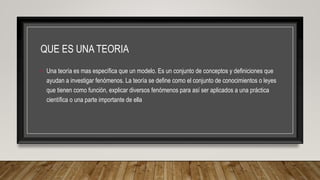 QUE ES UNA TEORIA
• Una teoría es mas específica que un modelo. Es un conjunto de conceptos y definiciones que
ayudan a investigar fenómenos. La teoría se define como el conjunto de conocimientos o leyes
que tienen como función, explicar diversos fenómenos para así ser aplicados a una práctica
científica o una parte importante de ella
 