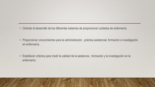 • Orientar el desarrollo de los diferentes sistemas de proporcionar cuidados de enfermería
• Proporcionar conocimientos para la administración , práctica asistencial, formación e investigación
en enfermería.
• Establecer criterios para medir la calidad de la asistencia , formación y la investigación en la
enfermería .
 