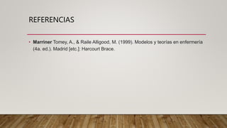 REFERENCIAS
• Marriner Tomey, A., & Raile Alligood, M. (1999). Modelos y teorías en enfermería
(4a. ed.). Madrid [etc.]: Harcourt Brace.
 