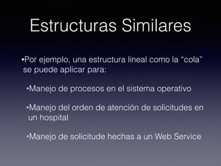Estructuras Similares
•Por ejemplo, una estructura lineal como la “cola”
se puede aplicar para:
•Manejo de procesos en el sistema operativo
•Manejo del orden de atención de solicitudes en
un hospital
•Manejo de solicitude hechas a un Web Service
 