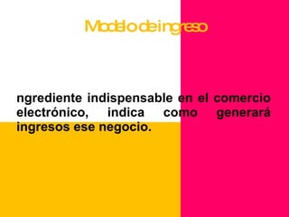 Modelo de ingreso Ingrediente indispensable en el comercio electrónico, indica como generará ingresos ese negocio. 
