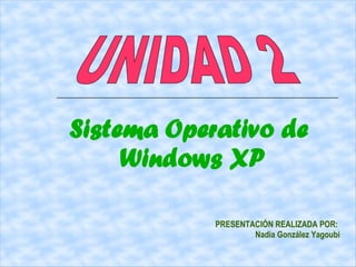 Sistema Operativo de
     Windows XP

            PRESENTACIÓN REALIZADA POR:
                    Nadia González Yagoubi
 