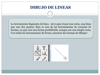 DIBUJO DE LINEAS



La herramienta Segmento de línea sirve para trazar una recta, una línea
que une dos puntos. Ésta es una de las herramientas de creación de
formas, ya que crea una forma predefinida, aunque sea una simple recta.
Con todas las herramientas de forma, tenemos dos formas de dibujar:
 