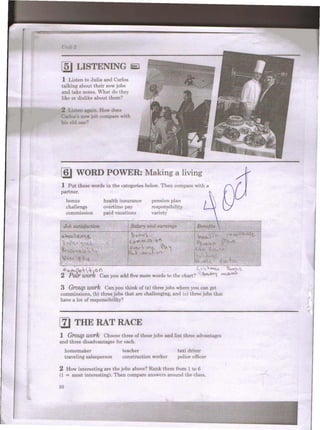 ([f       LISTENlNG El
          ~     1 Listen to Julia and Carlos
               talking about their new jobs



I
               and take notes. What do they
               líke 01' dislike .about them?

               2 Listen again. How does
               Carlos's new job compare with
               his old one?




              fID WORD POWER:                            Making a living
               1 Put, these words in the eategories below. Then compare with a
               partner.
                    bonu8
                    challenge
                    commission
                                      health insurance
                                      overtime pay
                                      paid vaeations
                                                          pension plan
                                                          responsibility
                                                          variet.y       -
                                                                                            Q

     ~;,:
     ¡;
                ~C#~{'e..'+k' on                                               ~}~~
              2 p(JJ,r work         Can you add uve more words to the chart?     "~'Gb'f

              3 Group work Oan you think of (a) three jobs where you can get
              commíssíons, (b) three jobs that are challenging, and (e) three johs that
              have a lot of responsibility?



    J         (1)       THE RATRACE
              1 Group work Choose three of these jobs and list three advantages
    t
              and three disadvantages Ior each.
    t-
    1
                    homemaker                 teacher                  taxi driver
                    traveling salssperson     construction worker      poliee officer

              2     How interesting are the jobs ahoye? Rank them froro 1 to 6                      /
              (1.   = most interesting). Then compare answers around the clas8.                 ~

    41
    ,~~       10
 