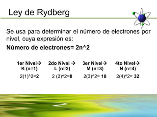 Ley de Rydberg

Se usa para determinar el número de electrones por
nivel, cuya expresión es:
Número de electrones= 2n^2

   1er Nivel   2do Nivel    3er Nivel   4to Nivel
     K (n=1)      L (n=2)       M (n=3)      N (n=4)
    2(1)^2=2     2 (2)^2=8    2(3)^2= 18   2(4)^2= 32
 