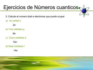 Ejercicios de Números cuanticos
5. Calcule el numero total e electrones que puede ocupar
a) Un orbital s
       2e−
b) Tres orbitales p
       6e−
c) Cinco orbitales d
       10e−
d) Siete orbitales f
        14e−
 