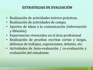 ESTRATEGIAS DE EVALUACIÓN

• Realización de actividades teórico-prácticas.
• Realización de actividades de campo.
• Aportes de ideas a la comunicación (información
  y difusión).
• Experiencias vivenciales en el área profesional
• Realización de pruebas escritas cortas y largas,
  defensas de trabajos, exposiciones, debates, etc.
• Actividades de Auto-evaluación / co-evaluación y
  evaluación del estudiante.
 