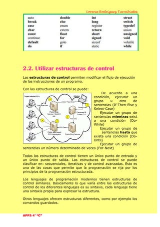 Lorena Rodríguez Turrubiates
APPS 4° “C”
2.2. Utilizar estructuras de control
Las estructuras de control permiten modificar el flujo de ejecución
de las instrucciones de un programa.
Con las estructuras de control se puede:
De acuerdo a una
condición, ejecutar un
grupo u otro de
sentencias (If-Then-Else y
Select-Case)
Ejecutar un grupo de
sentencias mientras exist
a una condición (Do-
While)
Ejecutar un grupo de
sentencias hasta que
exista una condición (Do-
Until)
Ejecutar un grupo de
sentencias un número determinado de veces (For-Next)
Todas las estructuras de control tienen un único punto de entrada y
un único punto de salida. Las estructuras de control se puede
clasificar en: secuenciales, iterativas y de control avanzadas. Esto es
una de las cosas que permite que la programación se rija por los
principios de la programación estructurada.
Los lenguajes de programación modernos tienen estructuras de
control similares. Básicamente lo que varía entre las estructuras de
control de los diferentes lenguajes es su sintaxis, cada lenguaje tiene
una sintaxis propia para expresar la estructura.
Otros lenguajes ofrecen estructuras diferentes, como por ejemplo los
comandos guardados.
 