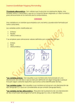 Susana Guadalupe Vázquez Hernández
4° C
*Constante alfanumérica.- Son valores que involucran no solamente dígitos, sino
también letras o caracteres y que en su conjunto tienen asignado un valor numérico
para almacenarse en la memoria de la computadora.
VARIABLES
Una variable es un nombre que empieza con una letra y puede estar formada por
varios caracteres.
Las variables están clasificadas en:
Enteras
Reales
Alfanuméricas
Y se emplean para almacenar valores definidos por constantes de tipo
Entero
Real
Alfanumérico
*Las variables enteras.- Son aquellas cuyo nombre esta mencionado en una
declaración de este tipo o que se dan por definición en algún lenguaje o porque
incluyen algún carácter específico que actúa como identificador de tipo.
*Las variables reales.- Son aquellas cuyo nombre se incluye en una declaración de
tipo (lenguaje C) o que son consideradas así por omisión (lenguaje Basic).
*Las variables de tipo alfanumérico.- Requiere de la presencia de una declaración
de tipo al principio del programa fuente (lenguaje C) o de un identificador.
 
