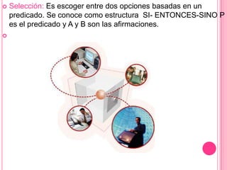  Selección: Es escoger entre dos opciones basadas en un
predicado. Se conoce como estructura SI- ENTONCES-SINO P
es el predicado y A y B son las afirmaciones.

 