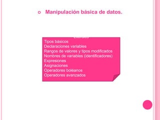  Manipulación básica de datos.
Literales
Tipos básicos
Declaraciones variables
Rangos de valores y tipos modificados
Nombres de variables (identificadores)
Expresiones
Asignaciones
Operadores boléanos
Operadores avanzados
 