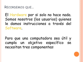RECORDEMOS QUE…
El Hardware por si solo no hace nada.
Somos nosotros (los usuarios) quienes
le damos instrucciones a través del
Software.
Para que una computadora sea útil y
cumpla un objetivo específico se
necesitan tres componentes:
 