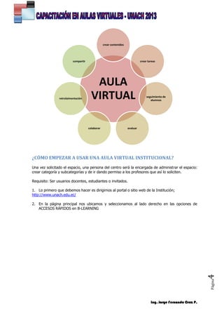 Ing. Jorge Fernando Cruz P.
Página4
¿CÓMO EMPEZAR A USAR UNA AULA VIRTUAL INSTITUCIONAL?
Una vez solicitado el espacio, una persona del centro será la encargada de administrar el espacio:
crear categoría y subcategorías y de ir dando permiso a los profesores que así lo soliciten.
Requisito: Ser usuarios docentes, estudiantes o invitados.
1. Lo primero que debemos hacer es dirigirnos al portal o sitio web de la Institución;
http://www.unach.edu.ec/
2. En la página principal nos ubicamos y seleccionamos al lado derecho en las opciones de
ACCESOS RÁPIDOS en B-LEARNING
AULA
VIRTUAL
crear contenidos
crear tareas
seguimiento de
alumnos
evaluarcolaborar
retrolaimentación
compartir
 