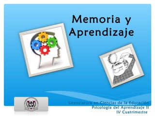 Memoria y
Aprendizaje

Licenciatura en Ciencias de la Educación
Psicología del Aprendizaje II
IV Cuatrimestre

 