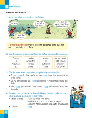 E scribir
Formar oraciones

1. Lee y escribe la oración más larga.
Veo algo
que vuela y
que viene…

Veo algo…

Veo algo que
vuela y que viene…
¡hacia nosotros!

Veo algo
que vuela...

Formar oraciones consiste en unir palabras para que tengan un sentido completo.

2. Escribe cuatro oraciones utilizando palabras de cada columna.
Cuatro
La
Algunas
Su

padre
alpinistas
libreta
calles

están
es
subieron
está

en el cajón.
al Everest.
jardinero.
cortadas.

3. Copia estas oraciones con las palabras adecuadas.
• Todas
(las / la) mañanas me
(levanto / levantamos)
a las ocho.
• Se ha encontrado un
(meteorito / meteoritos) cerca de
Ávila.
• Mis
(hermanas / hermana)
(estudian / estudia)
filosofía.

4. Escribe tres oraciones sobre el dibujo, dando cada vez más
información, como en el ejemplo.
• María escribe.

• Luis lee.
28

María escribe una carta.
María escribe una carta en un papel.
Mi prima María escribe una carta en un papel.

 
