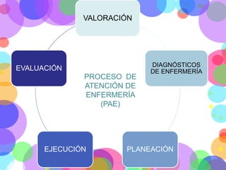 VALORACIÓN

EVALUACIÓN

PROCESO DE
ATENCIÓN DE
ENFERMERÍA
(PAE)

EJECUCIÓN

DIAGNÓSTICOS
DE ENFERMERÍA

PLANEACIÓN

 