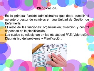 Planificación.
Es la primera función administrativa que debe cumplir el
gerente o gestor de cambios en una Unidad de Gestión de
Enfermería.
El resto de las funciones: organización, dirección y control
dependen de la planificación.
Las cuales se relacionan en las etapas del PAE: Valoración,
Diagnóstico del problema y Planificación.

 
