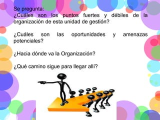 Se pregunta:
¿Cuáles son los puntos fuertes y débiles de la
organización de esta unidad de gestión?
¿Cuáles son
potenciales?

las

oportunidades

¿Hacia dónde va la Organización?
¿Qué camino sigue para llegar allí?

y

amenazas

 