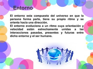 Entorno
El entorno esta compuesto del universo en que la
persona forma parte, tiene su propio ritmo y se
orienta hacia una dirección.
El entorno evoluciona a un ritmo cuya orientación y
velocidad están estrechamente unidas a las
interacciones pasadas, presentes y futuras entre
dicho entorno y el ser humano.

 