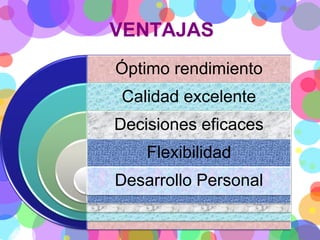 VENTAJAS
Óptimo rendimiento
Calidad excelente
Decisiones eficaces
Flexibilidad
Desarrollo Personal

 
