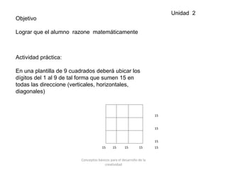 Unidad 2
Objetivo
Lograr que el alumno razone matemáticamente
Actividad práctica:
En una plantilla de 9 cuadrados deberá ubicar los
dígitos del 1 al 9 de tal forma que sumen 15 en
todas las direccione (verticales, horizontales,
diagonales)
15
15
15
15 15 15 15 15
Conceptos básicos para el desarrollo de la
creatividad
 