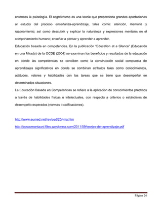 Página 26
entonces la psicología. El cognitivismo es una teoría que proporciona grandes aportaciones
al estudio del proceso enseñanza-aprendizaje, tales como: atención, memoria y
razonamiento; así como descubrir y explicar la naturaleza y expresiones mentales en el
comportamiento humano; enseñar a pensar y aprender a aprender.
Educación basada en competencias. En la publicación “Education at a Glance” (Educación
en una Mirada) de la OCDE (2004) se examinan los beneficios y resultados de la educación
en donde las competencias se conciben como la construcción social compuesta de
aprendizajes significativos en donde se combinan atributos tales como conocimientos,
actitudes, valores y habilidades con las tareas que se tiene que desempeñar en
determinadas situaciones.
La Educación Basada en Competencias se refiere a la aplicación de conocimientos prácticos
a través de habilidades físicas e intelectuales, con respecto a criterios o estándares de
desempeño esperados (normas o calificaciones).
http://www.eumed.net/rev/ced/25/vrra.htm
http://coscomantauni.files.wordpress.com/2011/09/teorias-del-aprendizaje.pdf
 