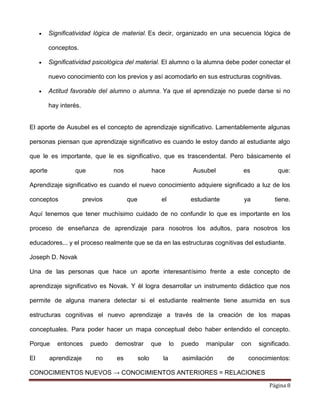Página 8
 Significatividad lógica de material. Es decir, organizado en una secuencia lógica de
conceptos.
 Significatividad psicológica del material. El alumno o la alumna debe poder conectar el
nuevo conocimiento con los previos y así acomodarlo en sus estructuras cognitivas.
 Actitud favorable del alumno o alumna. Ya que el aprendizaje no puede darse si no
hay interés.
El aporte de Ausubel es el concepto de aprendizaje significativo. Lamentablemente algunas
personas piensan que aprendizaje significativo es cuando le estoy dando al estudiante algo
que le es importante, que le es significativo, que es trascendental. Pero básicamente el
aporte que nos hace Ausubel es que:
Aprendizaje significativo es cuando el nuevo conocimiento adquiere significado a luz de los
conceptos previos que el estudiante ya tiene.
Aquí tenemos que tener muchísimo cuidado de no confundir lo que es importante en los
proceso de enseñanza de aprendizaje para nosotros los adultos, para nosotros los
educadores... y el proceso realmente que se da en las estructuras cognitivas del estudiante.
Joseph D. Novak
Una de las personas que hace un aporte interesantísimo frente a este concepto de
aprendizaje significativo es Novak. Y él logra desarrollar un instrumento didáctico que nos
permite de alguna manera detectar si el estudiante realmente tiene asumida en sus
estructuras cognitivas el nuevo aprendizaje a través de la creación de los mapas
conceptuales. Para poder hacer un mapa conceptual debo haber entendido el concepto.
Porque entonces puedo demostrar que lo puedo manipular con significado.
El aprendizaje no es solo la asimilación de conocimientos:
CONOCIMIENTOS NUEVOS → CONOCIMIENTOS ANTERIORES = RELACIONES
 