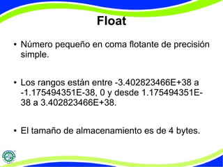 Float 
● Número pequeño en coma flotante de precisión 
simple. 
● Los rangos están entre -3.402823466E+38 a 
-1.175494351E-38, 0 y desde 1.175494351E- 
38 a 3.402823466E+38. 
● El tamaño de almacenamiento es de 4 bytes. 
 