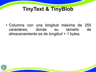 TinyText & TinyBlob 
● Columna con una longitud máxima de 255 
caracteres, donde su tamaño de 
almacenamiento es de longitud + 1 bytes. 
 