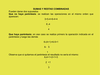 SUMAS Y RESTAS COMBINADAS 
Pueden darse dos supuestos: 
Que no haya paréntesis: se realizan las operaciones en el mismo orden que 
aparecen: 
3+5-4=8-4=4 
8 -4 
4 
Que haya paréntesis: en ese caso se realiza primero la operación indicada en el 
paréntesis y luego las demás 
6-(4+1)=6-5=1 
6- 5 
1 
Observa que si quitamos el paréntesis el resultado no sería el mismo: 
6-4+1=2+1=3 
2 +1 
3 
