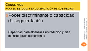 CONCEPTOS 
PARA EL ESTUDIO Y LA CLASIFICACIÓN DE LOS MEDIOS 
Poder discriminante o capacidad 
de segmentación 
Capacidad para alcanzar a un reducido y bien 
definido grupo de personas 
J.A. Piñeiro - Medios y soportes 
de comunicación - As Mercedes 
25 
 