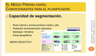 EL MEDIO PRENSA DIARIA. 
CONDICIONANTES PARA EL PLANIFICADOR. 
Capacidad de segmentación. 
 Nivel cultural y socioeconómico medio y alto 
 Población eminentemente masculina 
 Ideología / temática 
 Áreas geográficas 
MEDIO SELECTIVO 
J.A. Piñeiro - Medios y soportes 
de comunicación - As Mercedes 
49 
 