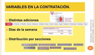 VARIABLES EN LA CONTRATACIÓN. 
 Distintas ediciones 
 Días de la semana 
 Distribución por secciones 
J.A. Piñeiro - Medios y soportes 
de comunicación - As Mercedes 
54 
 