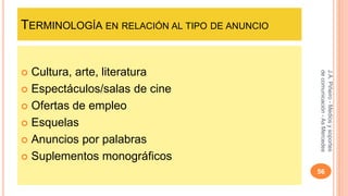 TERMINOLOGÍA EN RELACIÓN AL TIPO DE ANUNCIO 
 Cultura, arte, literatura 
 Espectáculos/salas de cine 
 Ofertas de empleo 
 Esquelas 
 Anuncios por palabras 
 Suplementos monográficos 
J.A. Piñeiro - Medios y soportes 
de comunicación - As Mercedes 
56 
 