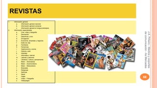REVISTAS 
J.A. Piñeiro - Medios y soportes 
de comunicación - As Mercedes 
68 
1. Información general 
a. Información general nacional 
b. Información general comarcal 
c. Información general en lengua extranjera 
2. Información especializada 
a. Cine, vídeo y fotografía 
b. Decoración 
c. Deportivas y ocio 
d. Divulgación 
e. Economía, empresas y negocios 
f. Estilo de vida 
g. Familiares 
h. Femeninas 
i. Gastronomía y cocina 
j. Historia y arte 
k. Infantiles 
l. Informática, internet 
m. Labores y patrones 
n. Literatura, cultura y pensamiento 
o. Motor – Aeronáutica 
p. Motor – Automovilismo 
q. Motor – Motociclismo 
r. Musicales 
s. Religiosas 
t. Satíricas 
u. Salud 
v. Viajes 
w. Vídeo – Fotografía 
x. Videojuegos 
 