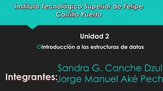 Unidad 2 
Introducción a las estructuras de datos 
Sandra G. Canche Dzul 
Jorge Manuel Aké Pech 
 