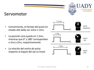 Servomotor
• Comúnmente, el tiempo del pulso en
estado alto debe ser entre 1-2ms.
• La posición cero queda en 1.5ms,
mientras que 0° y 180° corresponden
a 1ms y 2ms, respectivamente.
• La relación del ancho de pulso
respecto al ángulo del eje es lineal.
M.I. Renán G. Quijano Cetina 30
 